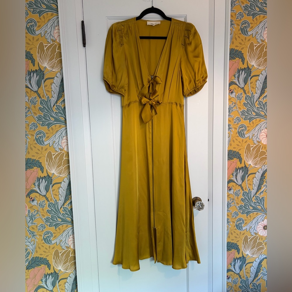 THE GREAT. Mustard Midi Dress with Front Tie